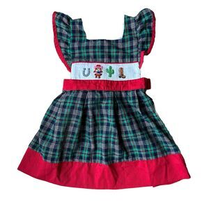 Babeeni Tartan Plaid Smocked Embroidered Size 3T Dress Cowgirl Boots Western